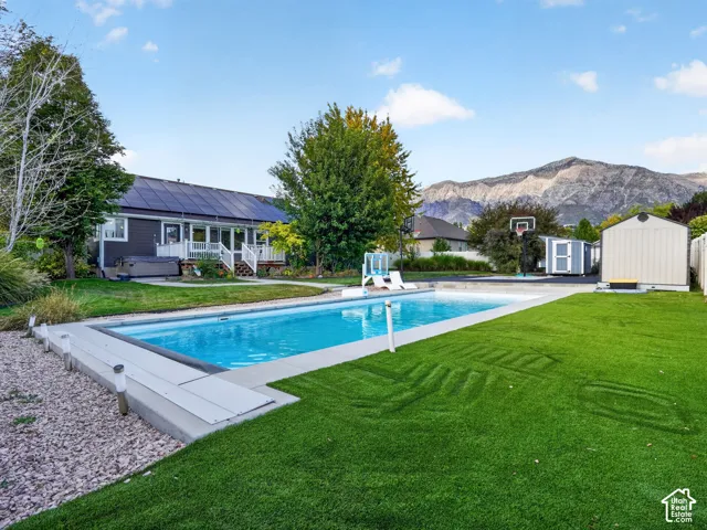Expansive backyard featuring a rectangular swimming pool, artificial turf, two storage sheds, and a paved sport court
