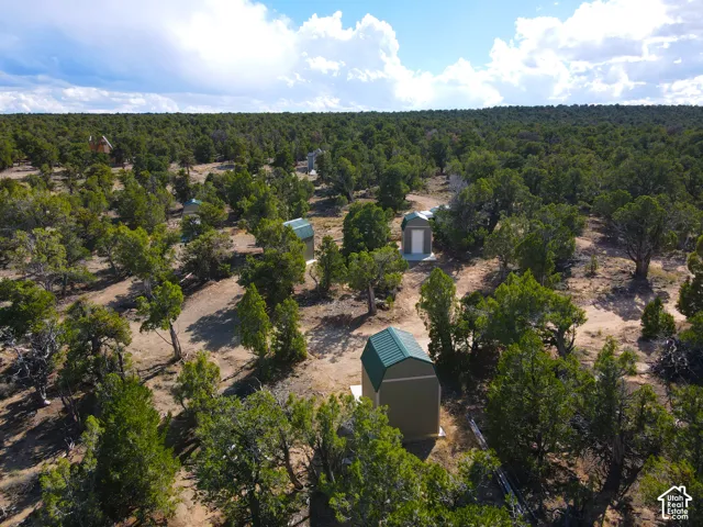 Expansive wooded property with multiple detached structures, natural terrain, and mature trees