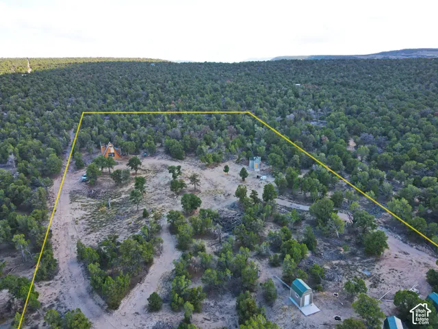 Expansive acreage featuring multiple structures, including an A-frame building, scattered trees, and natural terrain