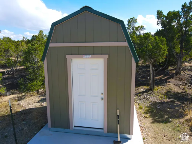 Green-sided barn-style shed with a white paneled door and light trim, set on a concrete pad