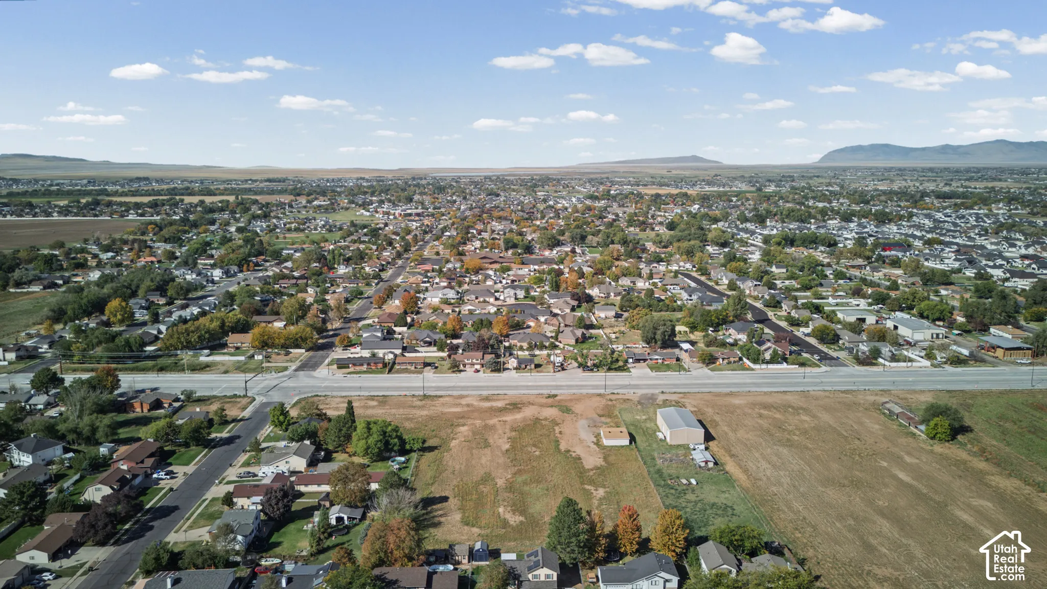 Expansive aerial view showcasing sprawling residential community with mature tree-lined neighborhoods, agricultural land, and distant mountain backdrop