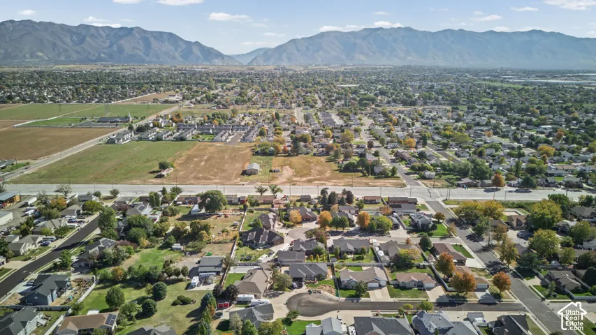 Expansive residential area featuring established homes, mature trees, and mountainous terrain