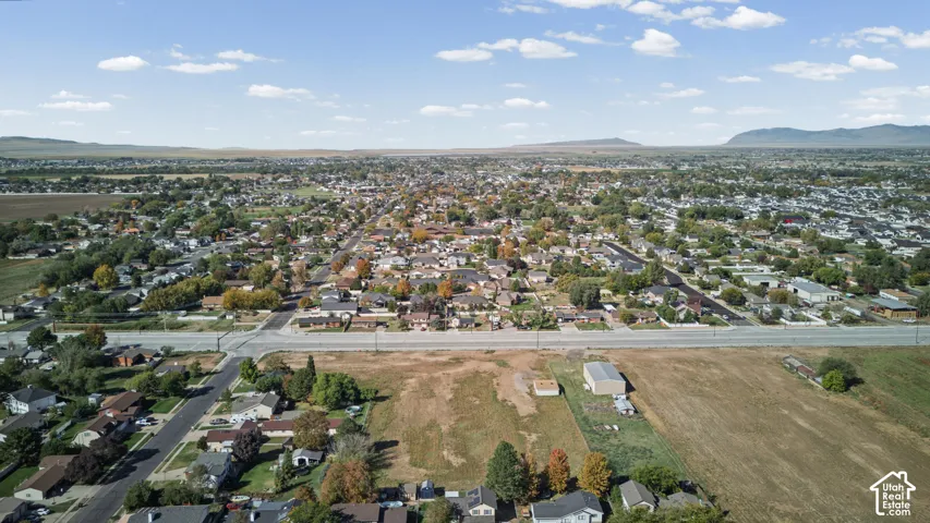 Expansive aerial view showcasing sprawling residential community with mature tree-lined neighborhoods, agricultural land, and distant mountain backdrop