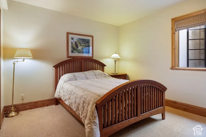 Carpeted flooring, wood window trim, wood baseboards, and neutral wall tones