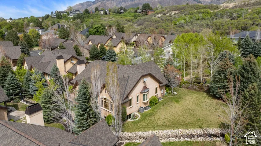 Multiple residential structures feature pitched roofs, chimneys, and bay windows