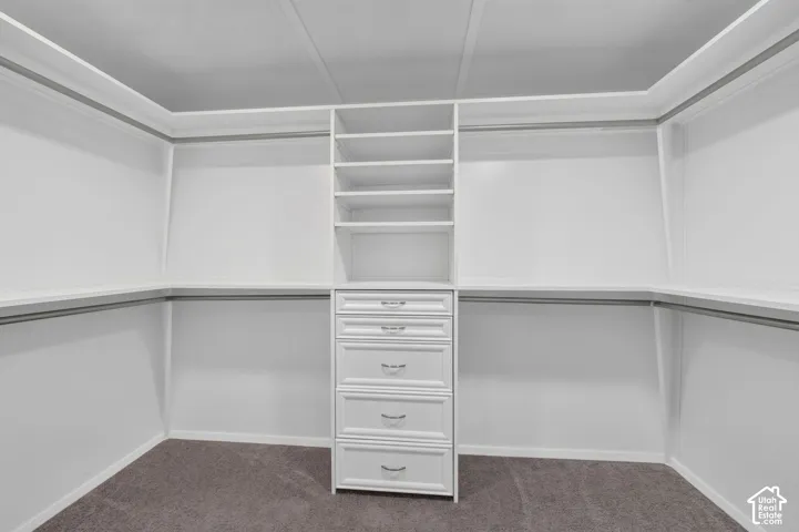 Built-in closet system featuring shelving, hanging rods, and a central dresser with drawers