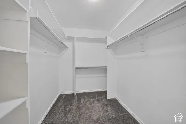 Walk-in closet with built-in shelving, multiple hanging rods, and dark gray carpeting