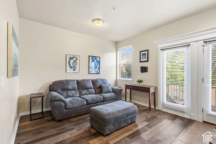 wood finish flooring and doors to patio