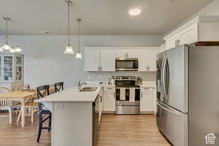 Kitchen featuring stainless steel appliances, white cabinetry, a kitchen island with sink, pendant lighting, and wood-finish flooring