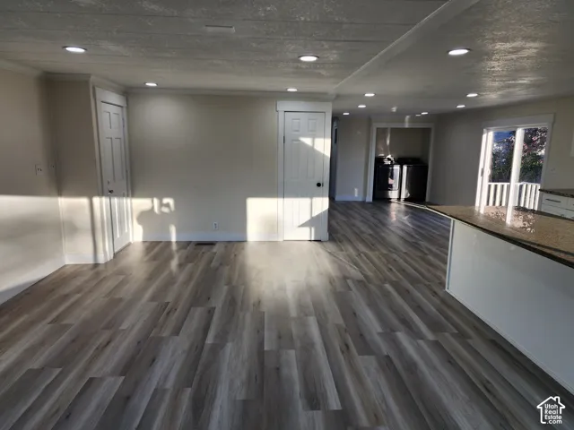 Recessed lighting, wood-finish flooring, white trim, sliding glass door, and a built-in kitchen island with stone-finish countertop