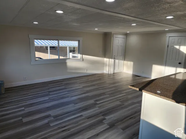 Wood-finish flooring, recessed lighting, white trim, and a granite-style countertop