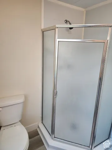 Corner shower enclosure with frosted glass panels and chrome-finish framing, accompanied by a white toilet