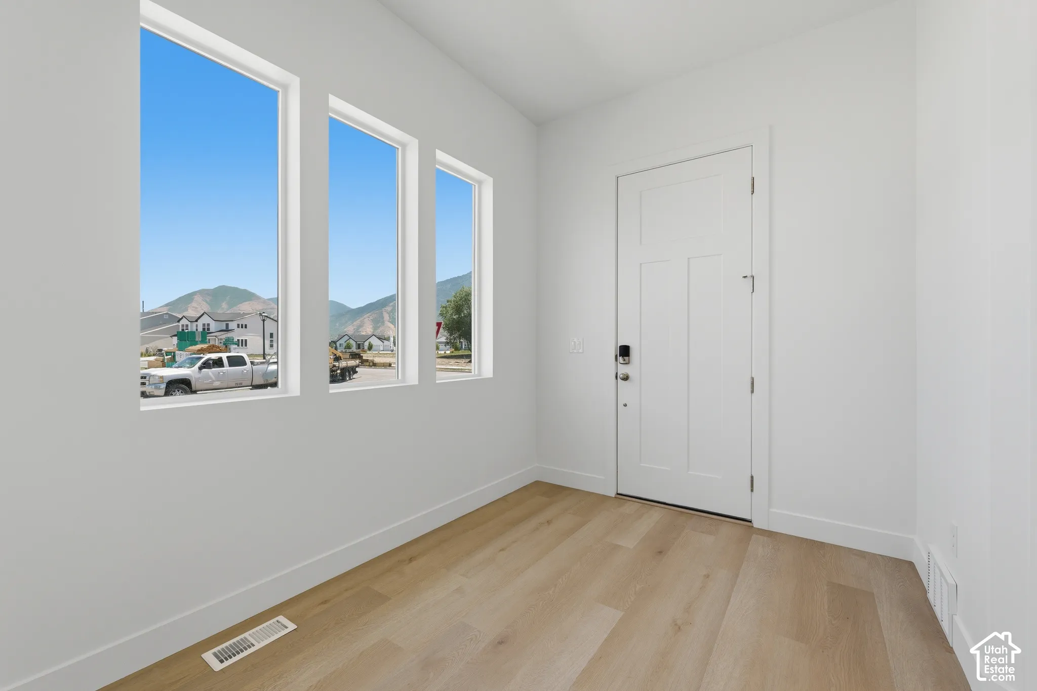 Light wood-finish flooring, white walls, three vertical windows, and a white entry door with panel detailing