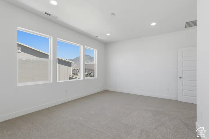 Recessed lighting, light-toned carpet, and a paneled interior door