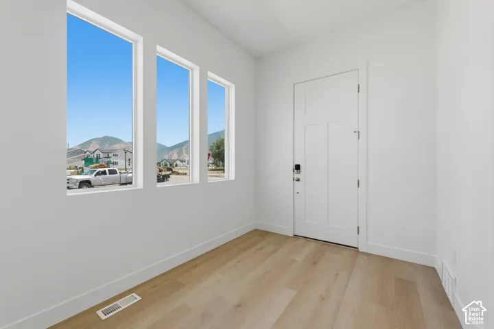 Light wood-finish flooring, white walls, three vertical windows, and a white entry door with panel detailing