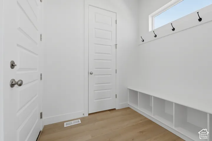 Wood-finish flooring, built-in storage bench with cubbies, upper wall-mounted hooks, transom window, and white paneled doors
