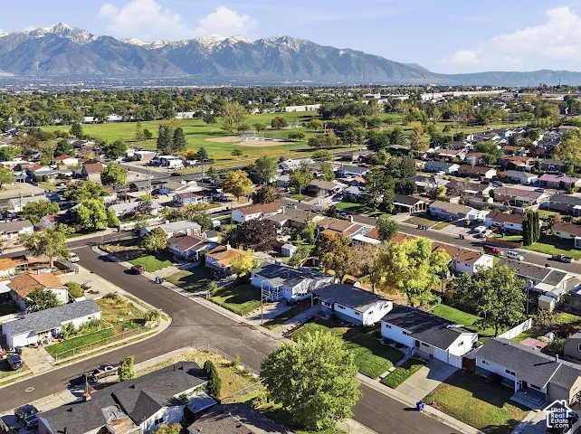 Aerial perspective of a residential neighborhood featuring established tree canopy and a backdrop of snow-capped mountain peaks