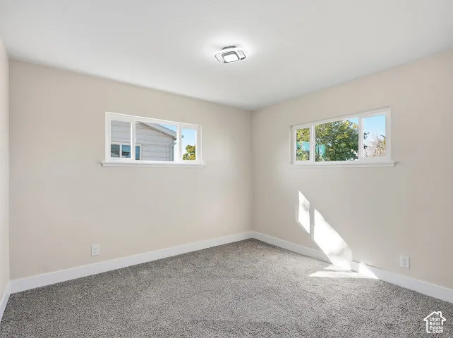 Neutral-toned interior space featuring neutral wall paint, plush carpeting, dual-pane windows, and a flush-mount ceiling light fixture