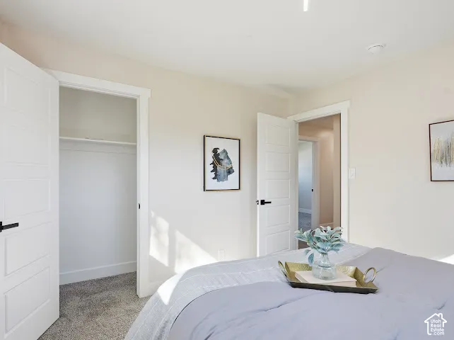 Neutral interior featuring four-panel solid-core doors with matte black hardware, wall-to-wall carpeting, and recessed ceiling lighting