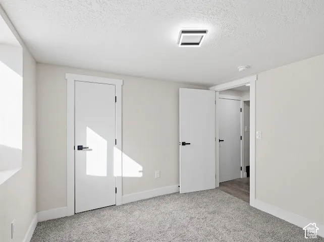 Neutral-toned interior featuring textured carpeting, solid-core doors with matte black hardware, and a square flush-mount LED fixture