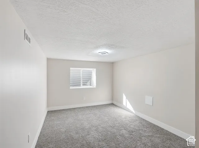 Neutral-toned interior space featuring textured ceiling, recessed flush-mount lighting, grey carpeting, and an egress window