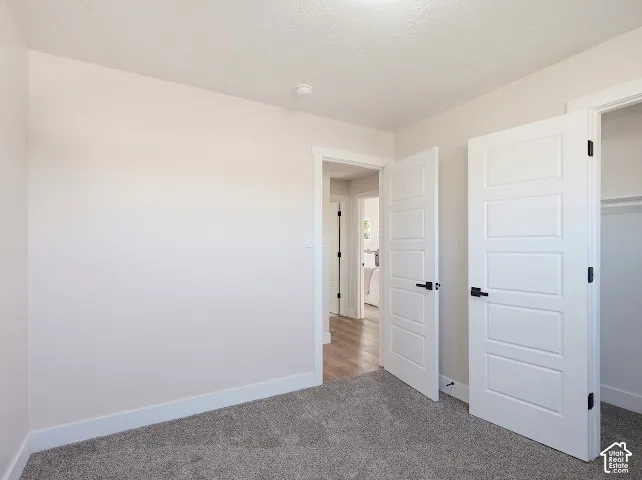 Neutral-toned walls, textured wall-to-wall carpeting, and five-panel interior doors with matte black hardware