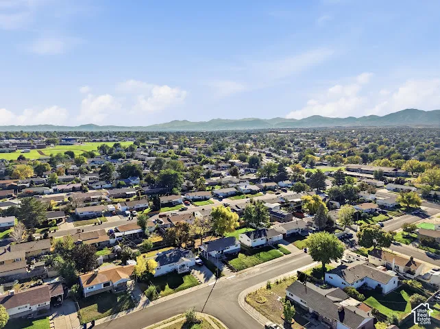 Aerial perspective featuring a grid of residential properties, mature deciduous trees, and a mountain range backdrop