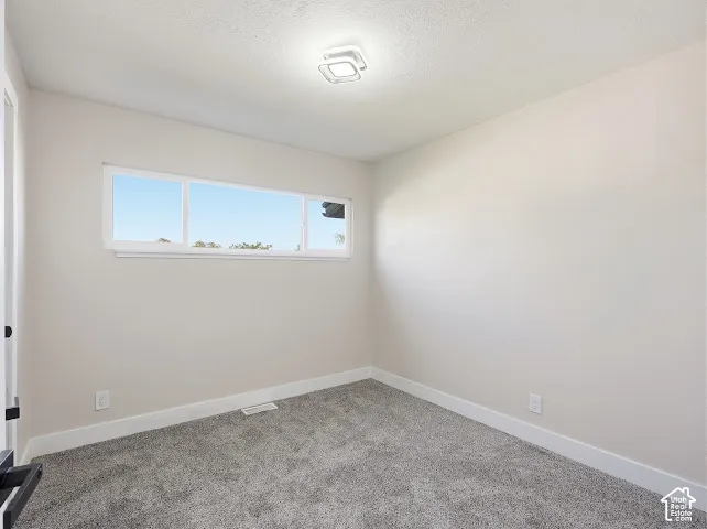 Neutral-toned interior space featuring wall-to-wall carpeting, an expansive horizontal window, and a modern LED flush-mount ceiling fixture
