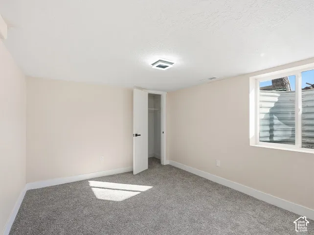 Room featuring neutral wall tones, gray carpeting, a window with a window well, a built-in closet with a door, and a flush-mount overhead light fixture