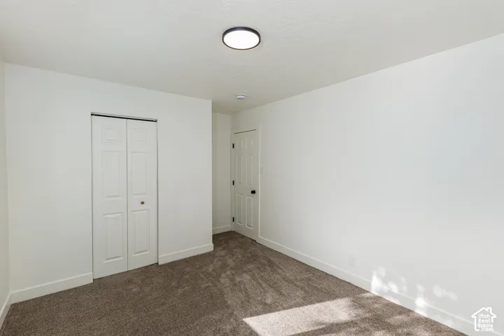 Neutral wall finishes with a flush-mount ceiling light, carpet flooring, and paneled doors