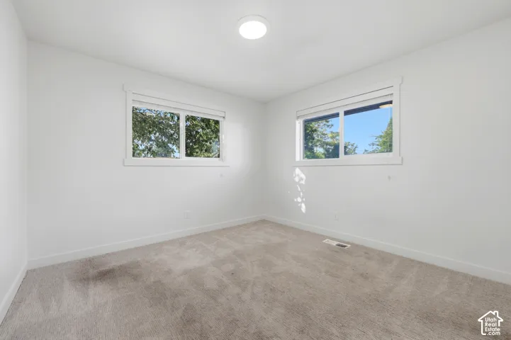 Neutral wall finishes, light-toned carpeting, dual windows with ample natural illumination, and a flush-mount ceiling light fixture