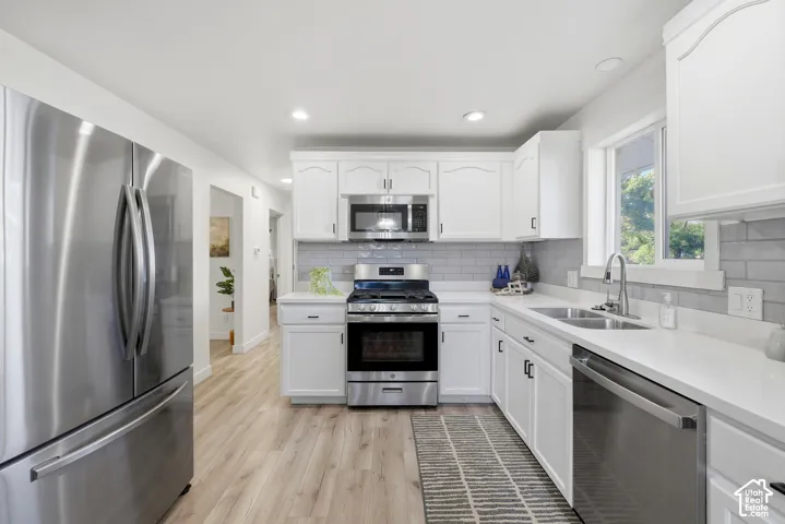 Kitchen featuring white cabinetry, light-toned wood-finish flooring, stainless steel appliances, a double basin sink, and a tiled backsplash