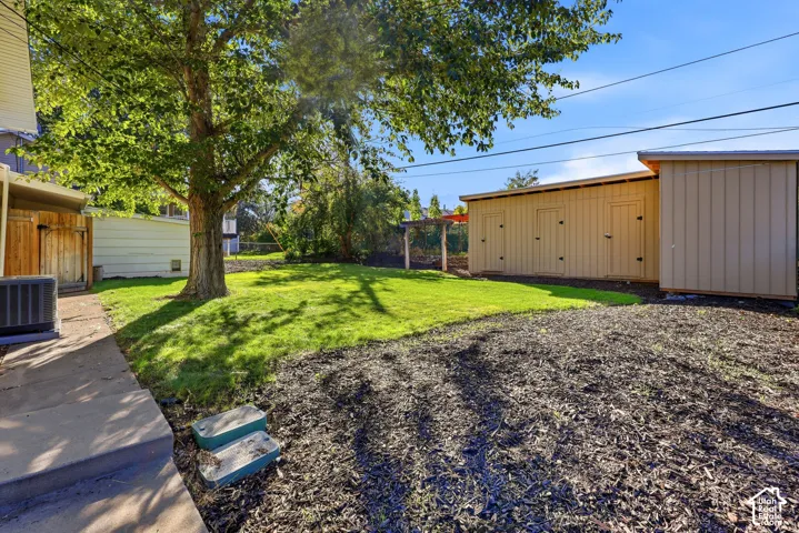 Expansive backyard featuring a mature tree, substantial green lawn, and two detached storage structures