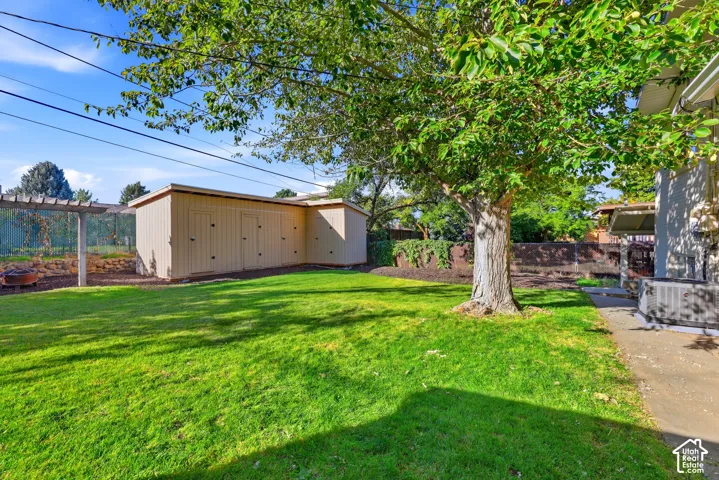 Expansive backyard featuring a manicured lawn, established shade tree, and a storage structure