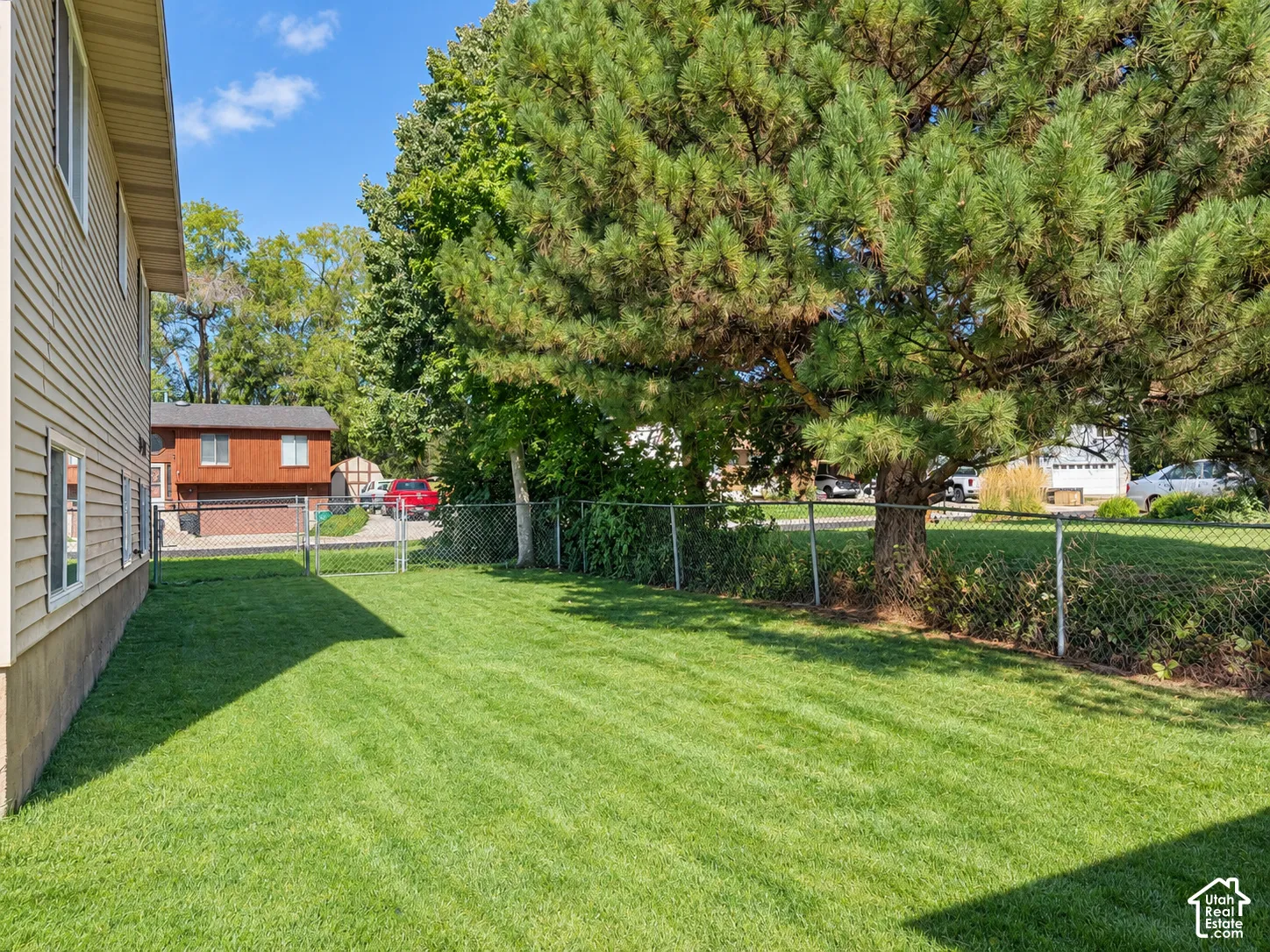 Expansive lawn space featuring mature trees and a chain-link fence