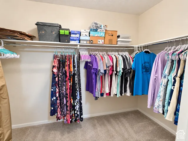 Built-in shelving, multiple hanging rods, walk in