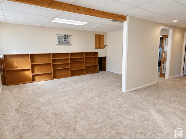 Spacious room with light-toned carpeting and extensive built-in shelving
