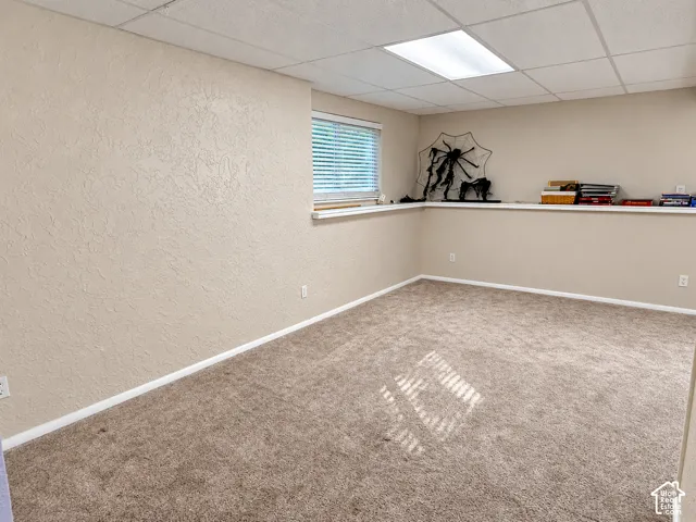 Carpeted room with a drop ceiling, textured wall finishes, a built-in shelf, and a window with blinds