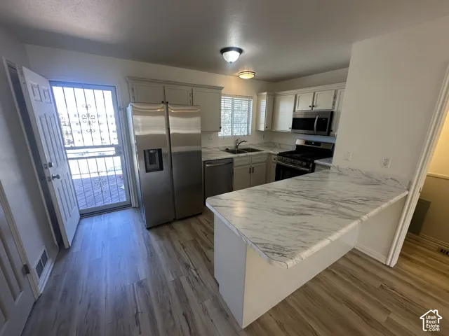 Kitchen featuring white cabinetry, stainless steel appliances, marble-look countertops, and wood-finish flooring