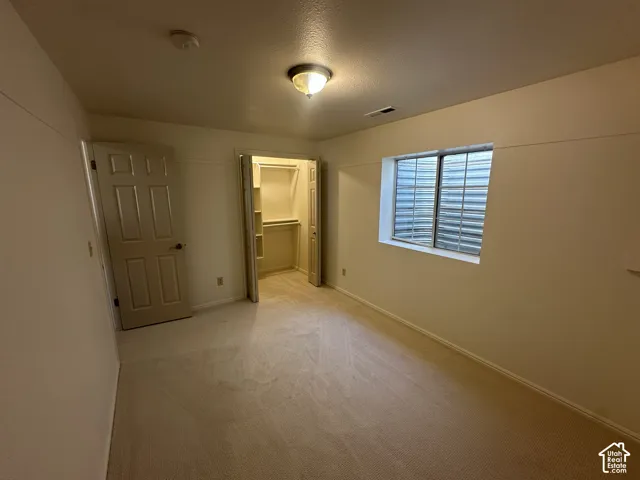 Carpeted flooring, built-in open shelving within the closet, window with horizontal blinds, and a flush mount ceiling light fixture
