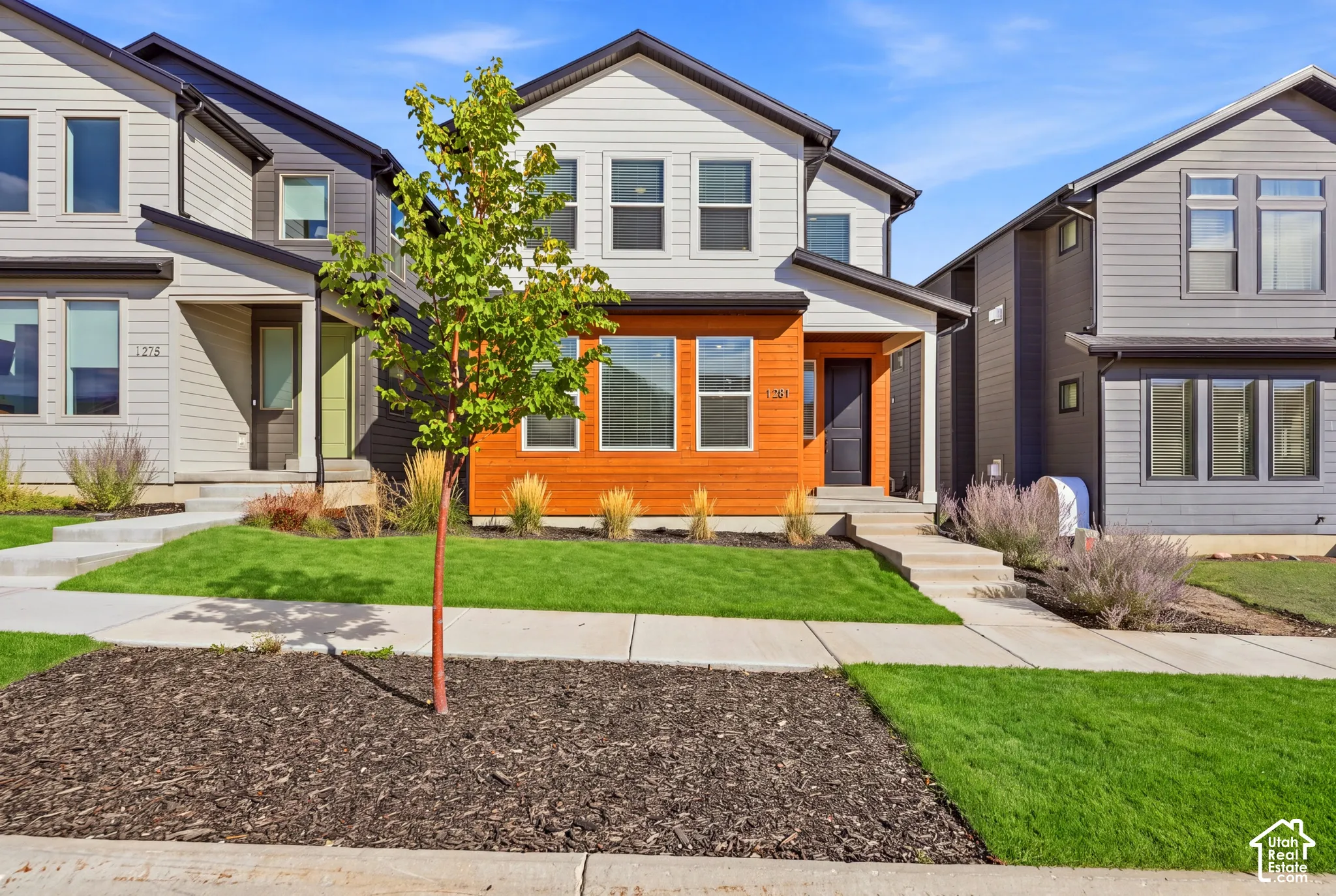 Contemporary exterior with mixed material siding, covered entry, and expansive front yard