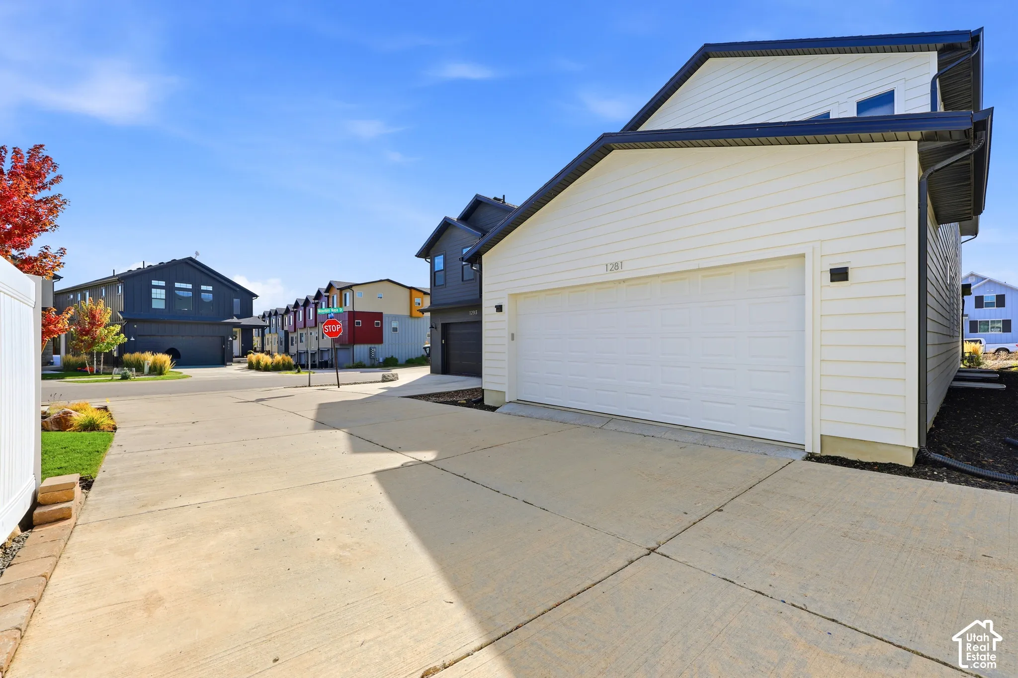 White siding exterior with black trim, concrete driveway, and attached garage