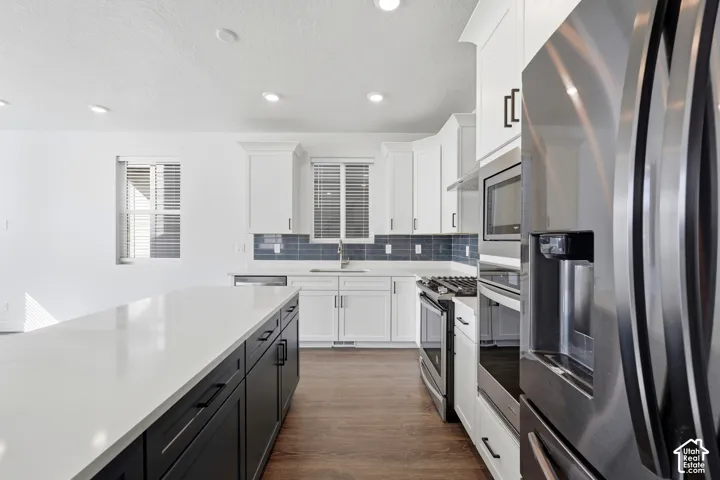 Kitchen featuring a spacious island with white countertop, dark cabinetry, and wood-finish flooring