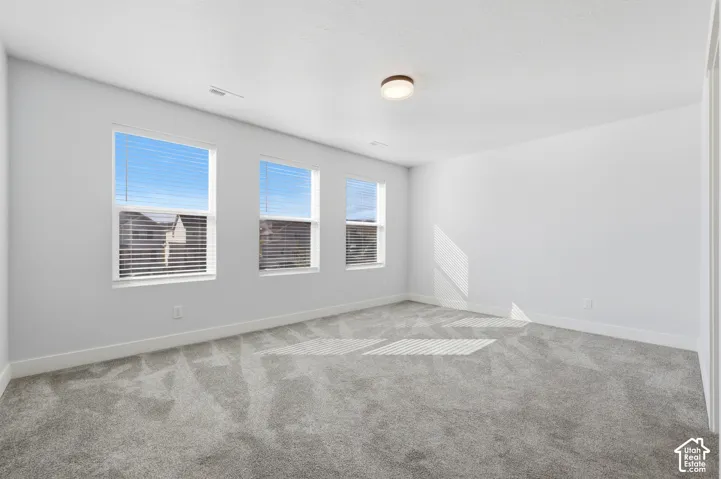 Neutral wall paint, multiple windows, gray carpet flooring, contemporary flush-mount ceiling light