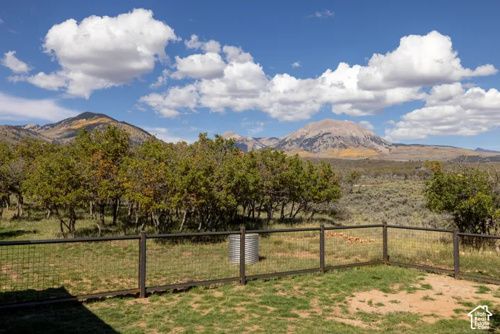 Expansive natural landscape with distant mountains, mature trees, and a wire-mesh perimeter fence
