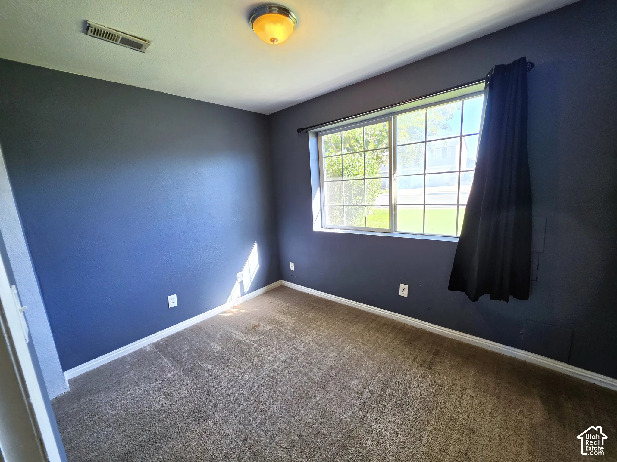 Carpeted flooring with a neutral tone, overhead light fixture, and a window with grid detailing
