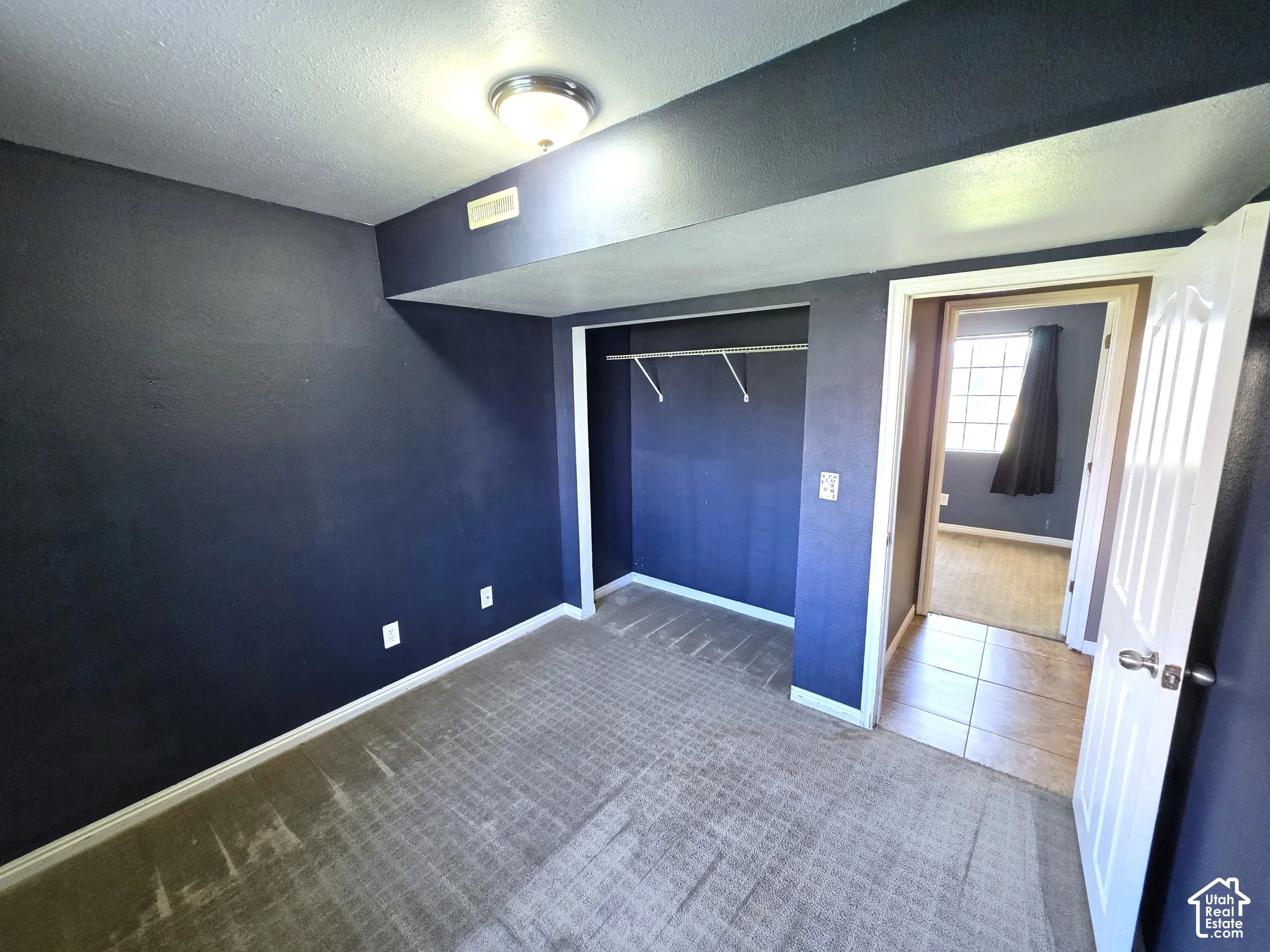 Plush carpeted flooring, built-in closet with shelving, white trim, and overhead lighting