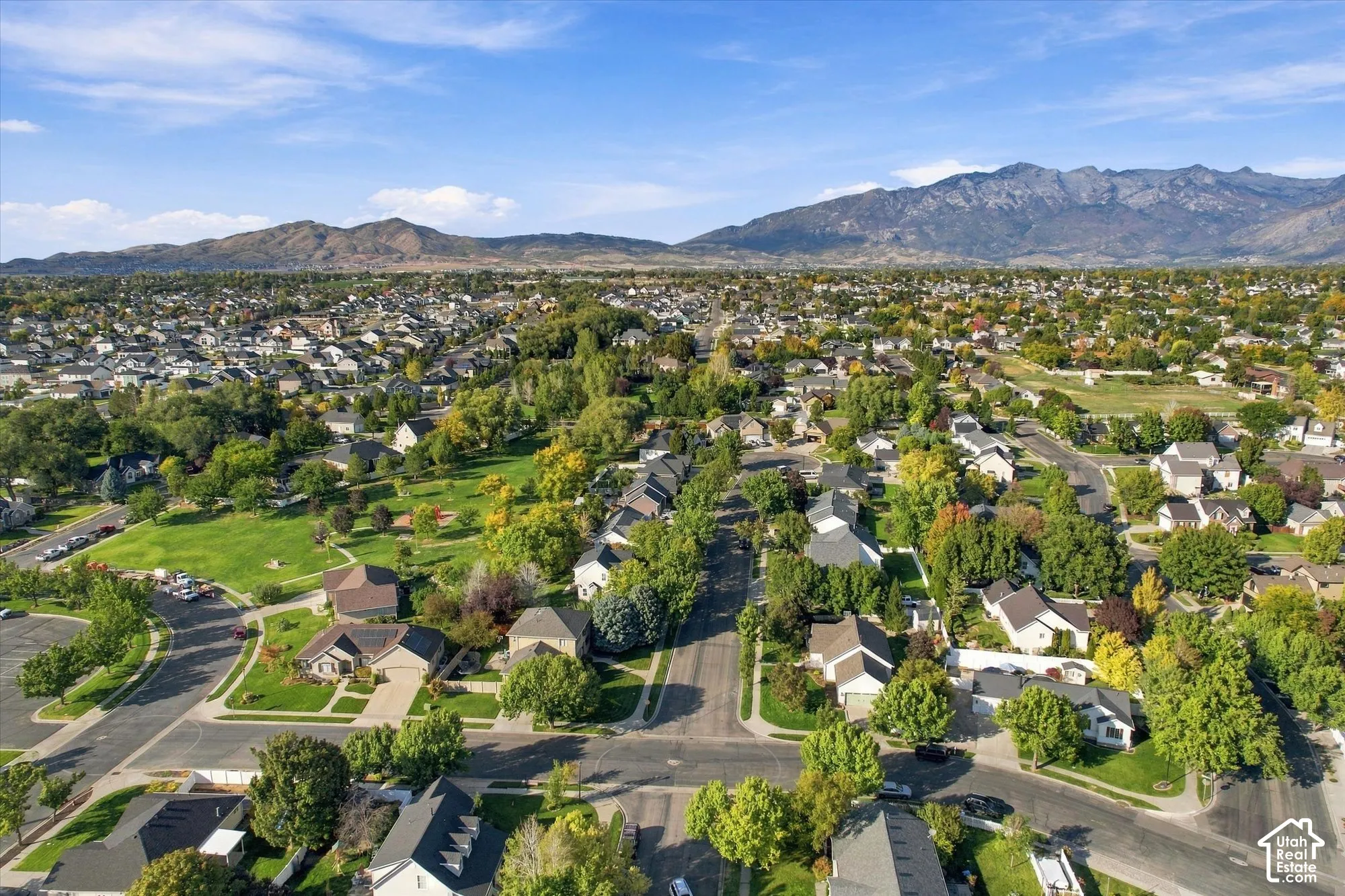 Residential neighborhood with mature trees and mountain backdrops