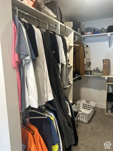 Built-in closet system featuring multiple shelves and hanging rods