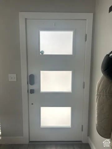 White door with frosted glass panels and dark hardware